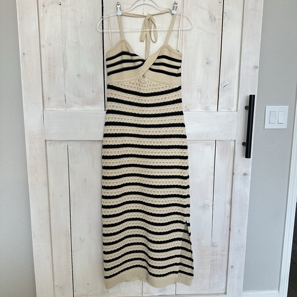 House of Harlow 1960 Tan Black Stripe Crochet Halter Midi Dress Size Large Boho - Picture 2 of 11